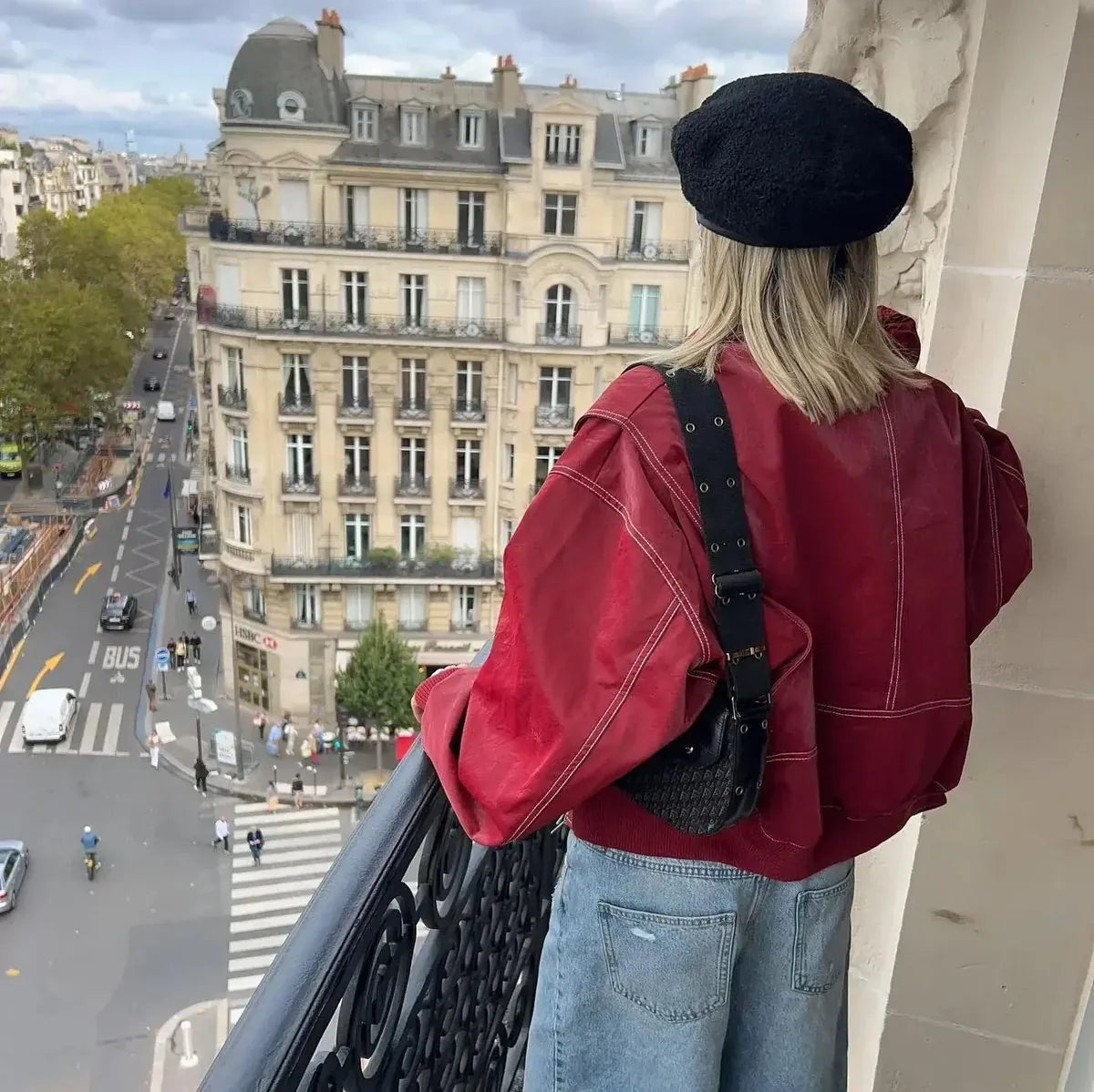 Red Women's Oversized Quilted Bomber Jacket with Contrast Stitching & Relaxed Fit — Chloe - Balcony Back View