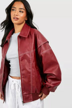 Wine Red Women's Oversized Quilted Bomber Jacket with Contrast Stitching & Relaxed Fit