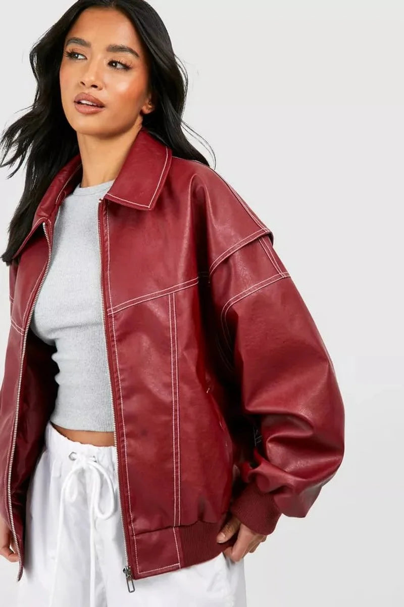 Wine Red Women's Oversized Quilted Bomber Jacket with Contrast Stitching & Relaxed Fit