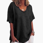 Black Women's Oversized Short Sleeve Round Neck Blouse in Linen Blend