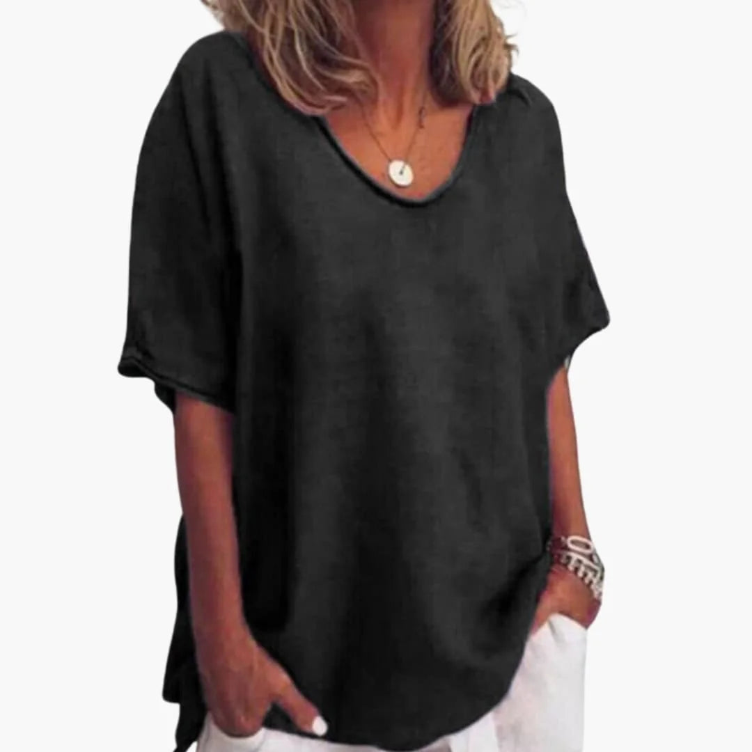 Black Women's Oversized Short Sleeve Round Neck Blouse in Linen Blend