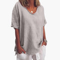 Grey Women's Oversized Short Sleeve Round Neck Blouse in Linen Blend - Torso Pose