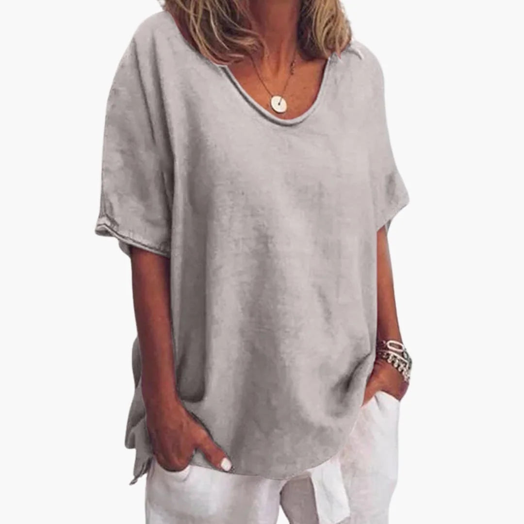 Grey Women's Oversized Short Sleeve Round Neck Blouse in Linen Blend - Torso Pose