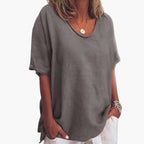 Dark Grey Women's Oversized Short Sleeve Round Neck Blouse in Linen Blend - Front Full