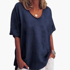 Navy Blue Women's Oversized Short Sleeve Round Neck Blouse in Linen Blend - Relaxed Pose