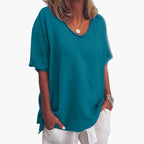 Ocean Blue Women's Oversized Short Sleeve Round Neck Blouse in Linen Blend - Front Angle