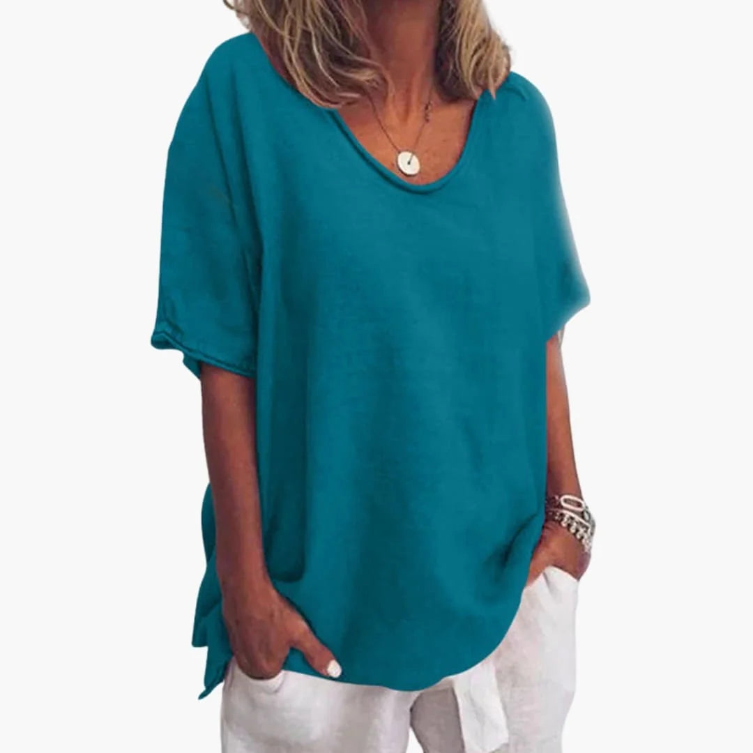 Ocean Blue Women's Oversized Short Sleeve Round Neck Blouse in Linen Blend - Front Angle