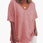 Pink Women's Oversized Short Sleeve Round Neck Blouse in Linen Blend
