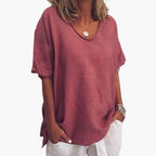 Red Women's Oversized Short Sleeve Round Neck Blouse in Linen Blend