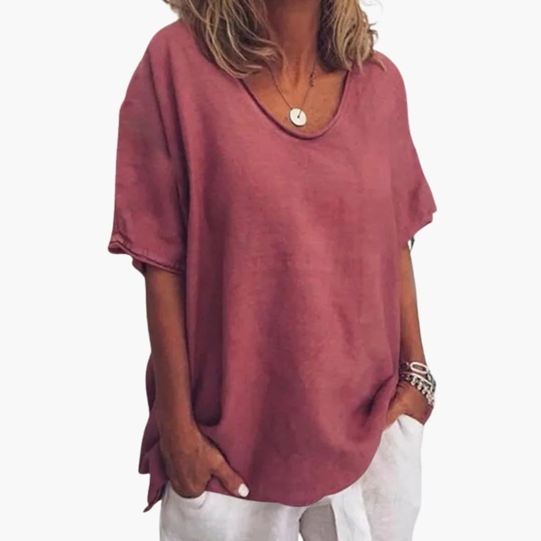 Red Women's Oversized Short Sleeve Round Neck Blouse in Linen Blend