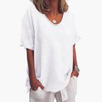 White Women's Oversized Short Sleeve Round Neck Blouse in Linen Blend