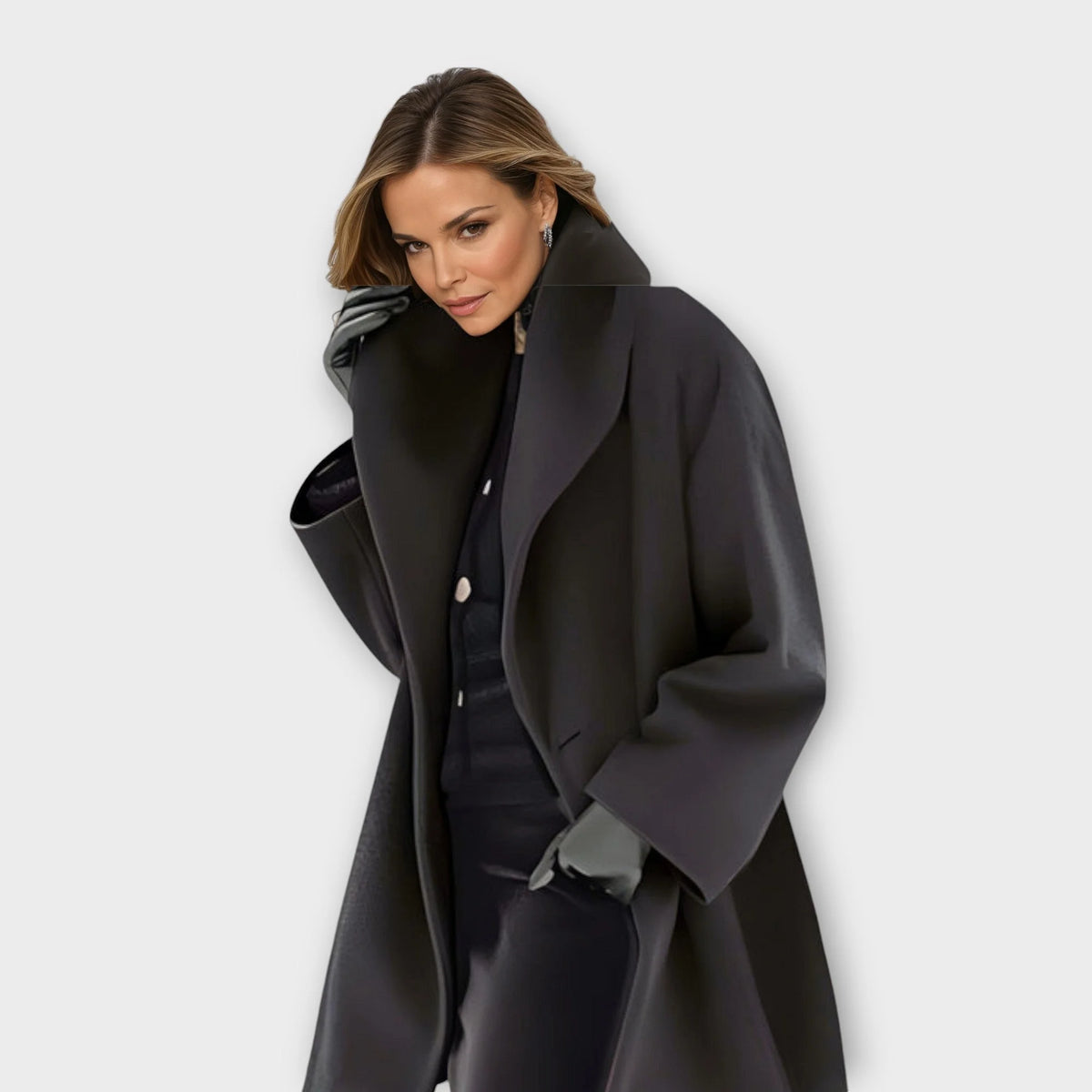 Black Women's Windproof Coat with Shawl Collar & Relaxed Fit