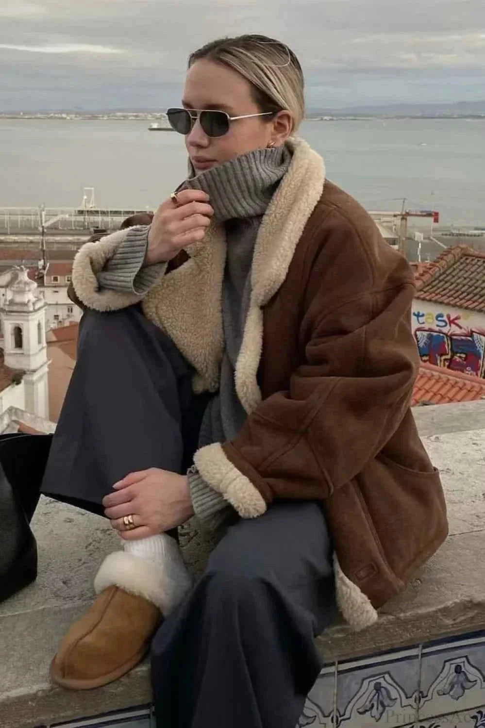 Khaki Men's Sherpa Coat with Oversized Fit & Patch Pockets - Outdoor Seated View