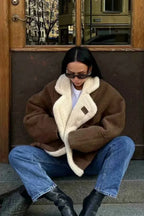 Khaki Men's Sherpa Coat with Oversized Fit & Patch Pockets - Seated Steps Pose