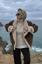 Khaki Men's Sherpa Coat with Oversized Fit & Patch Pockets - Standing Coastal Pose