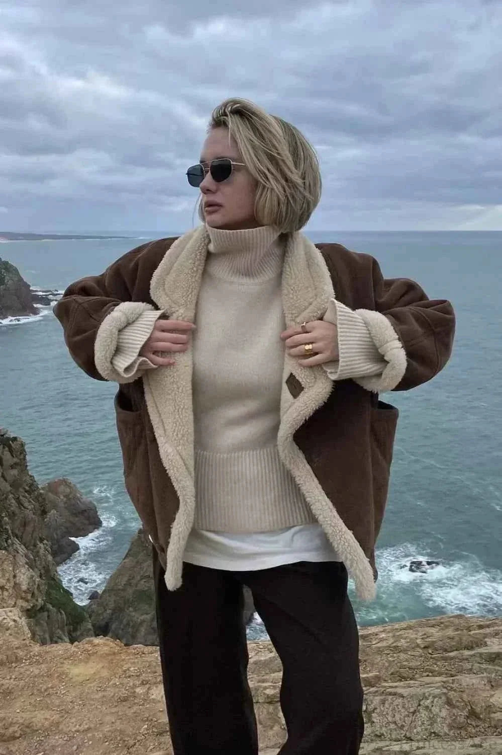 Khaki Men's Sherpa Coat with Oversized Fit & Patch Pockets - Standing Coastal Pose