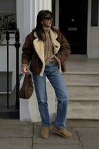 Khaki Men's Sherpa Coat with Oversized Fit & Patch Pockets - Standing Street Pose