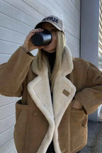 Khaki Men's Sherpa Coat with Oversized Fit & Patch Pockets
