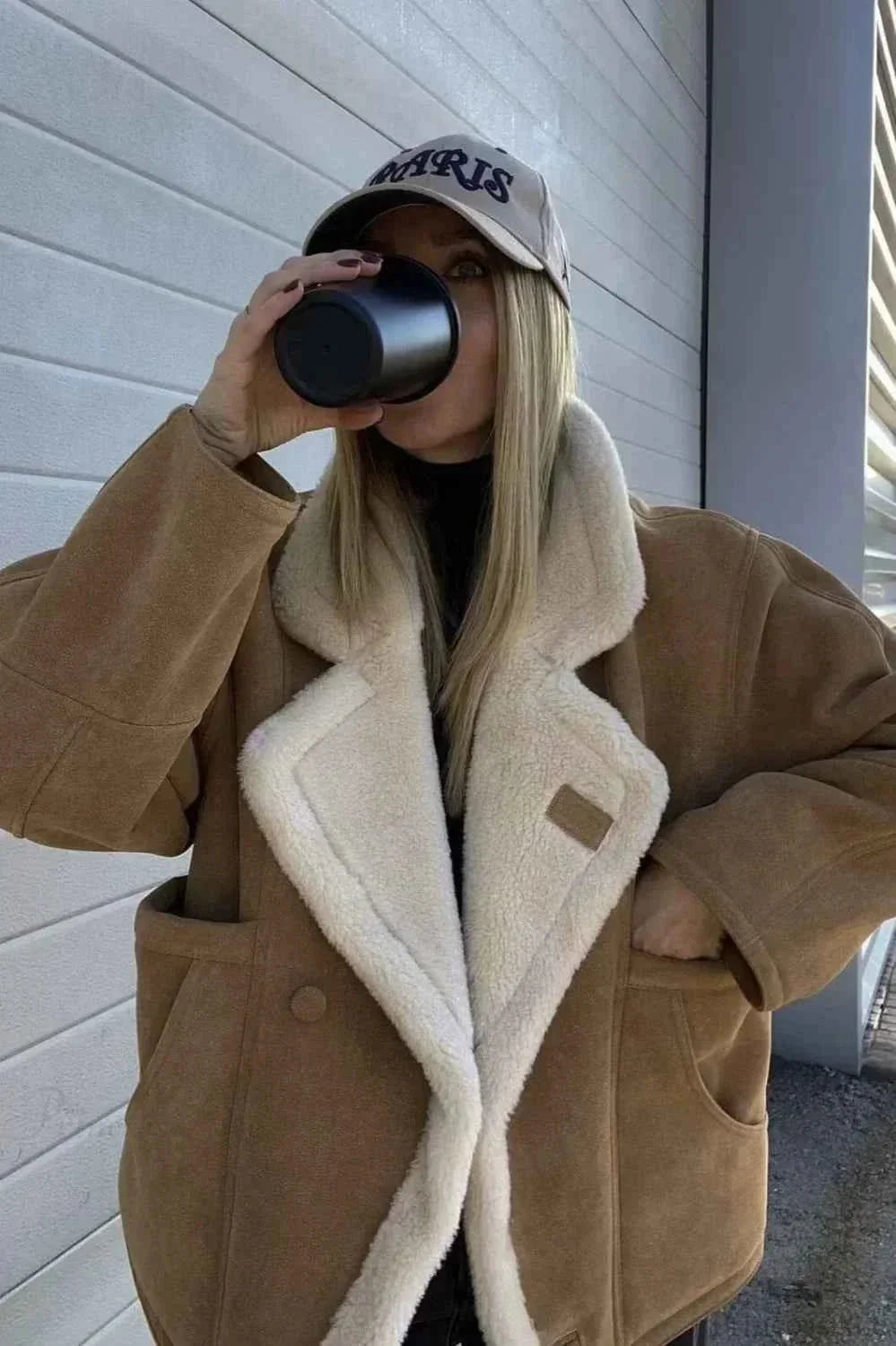 Khaki Men's Sherpa Coat with Oversized Fit & Patch Pockets
