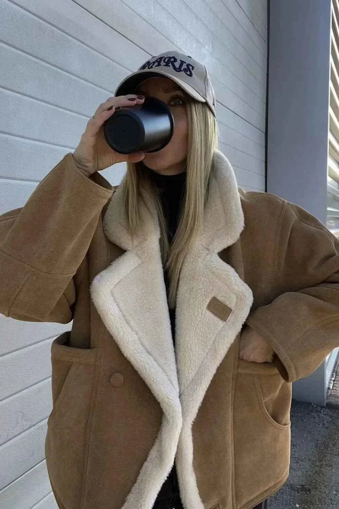 Khaki Men's Sherpa Coat with Oversized Fit & Patch Pockets