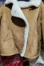 Khaki Men's Sherpa Coat with Oversized Fit & Patch Pockets - Flat Hanging Closeup