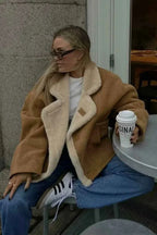 Khaki Men's Sherpa Coat with Oversized Fit & Patch Pockets - Seated Cafe Pose