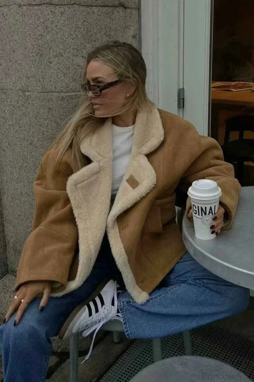 Khaki Men's Sherpa Coat with Oversized Fit & Patch Pockets - Seated Cafe Pose