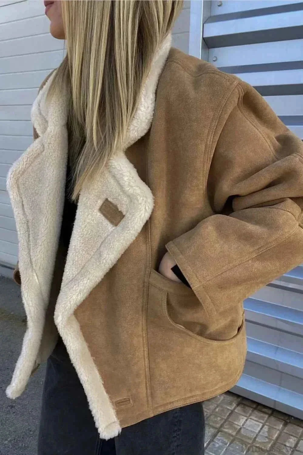 Khaki Men's Sherpa Coat with Oversized Fit & Patch Pockets - Side Detail Pocket