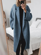 Blue Women's Oversized Wool Coat with Notch Lapel & Patch Pockets
