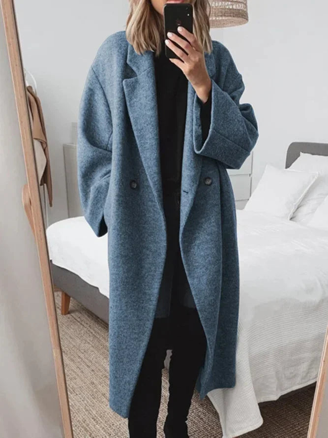 Blue Women's Oversized Wool Coat with Notch Lapel & Patch Pockets