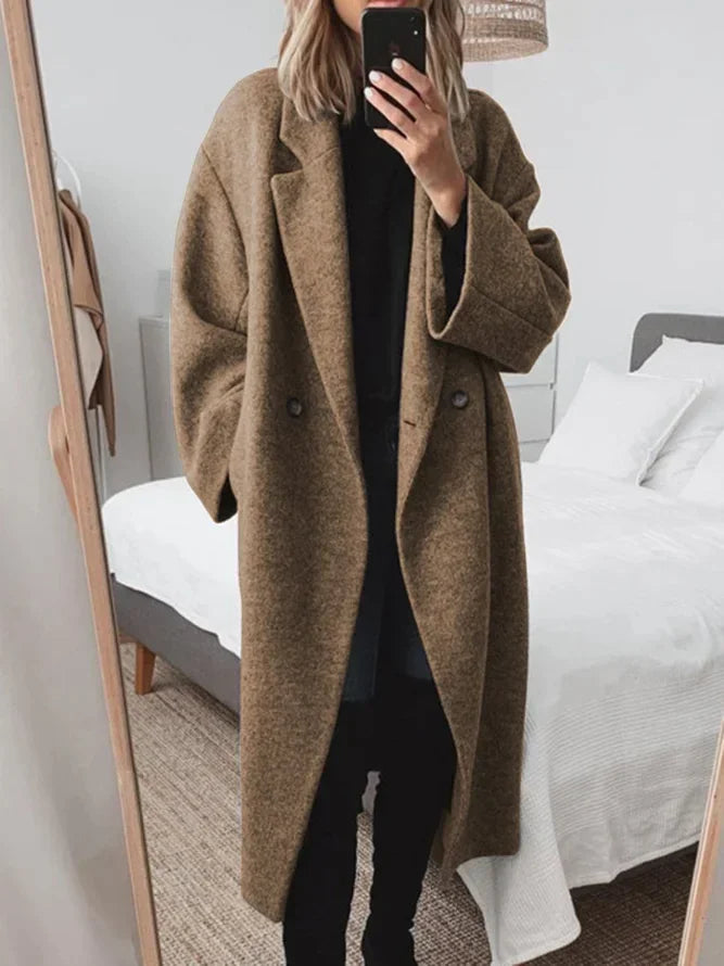 Brown Women's Oversized Wool Coat with Notch Lapel & Patch Pockets