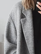 Women's Oversized Wool Coat with Notch Lapel & Patch Pockets - Collar Detail