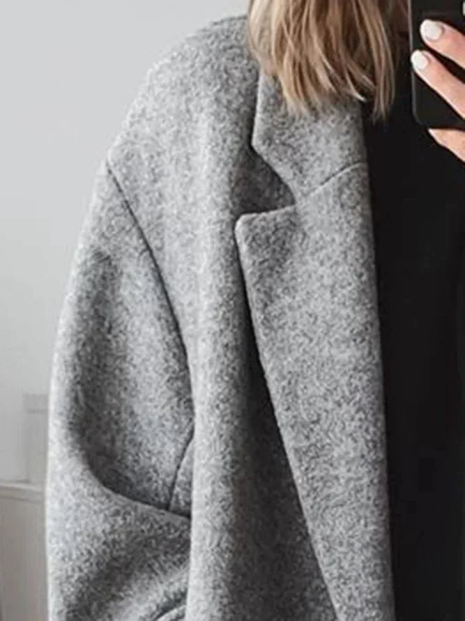 Women's Oversized Wool Coat with Notch Lapel & Patch Pockets - Collar Detail