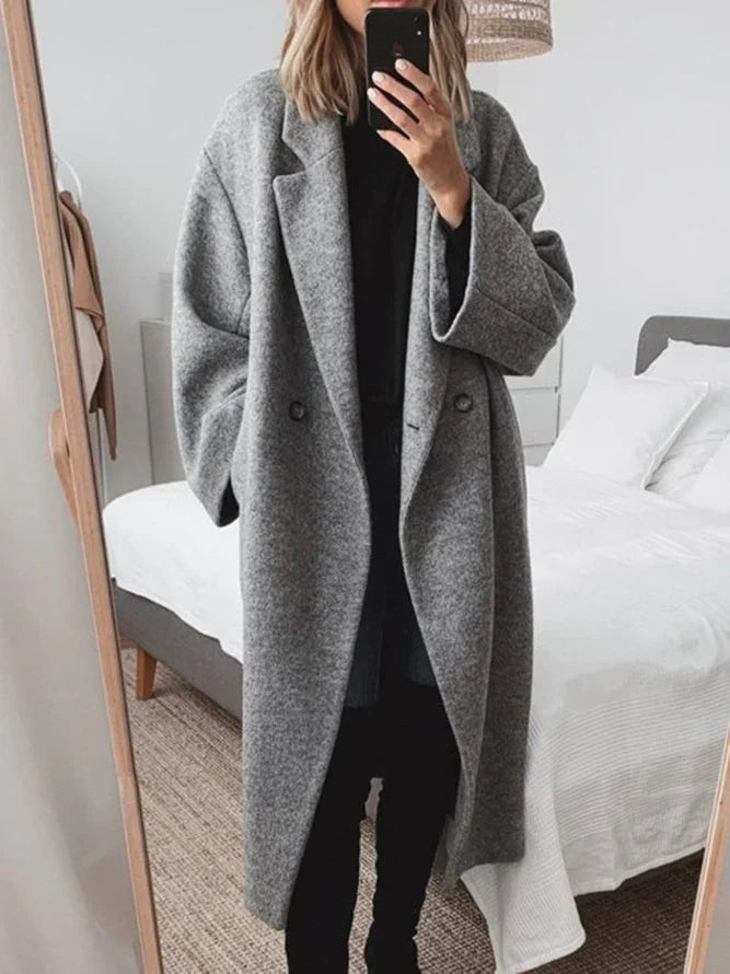Grey Women's Oversized Wool Coat with Notch Lapel & Patch Pockets