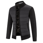 Men's Padded Jacket with Zip-Front Closure & Ribbed Knit Sleeves - Black Front Full