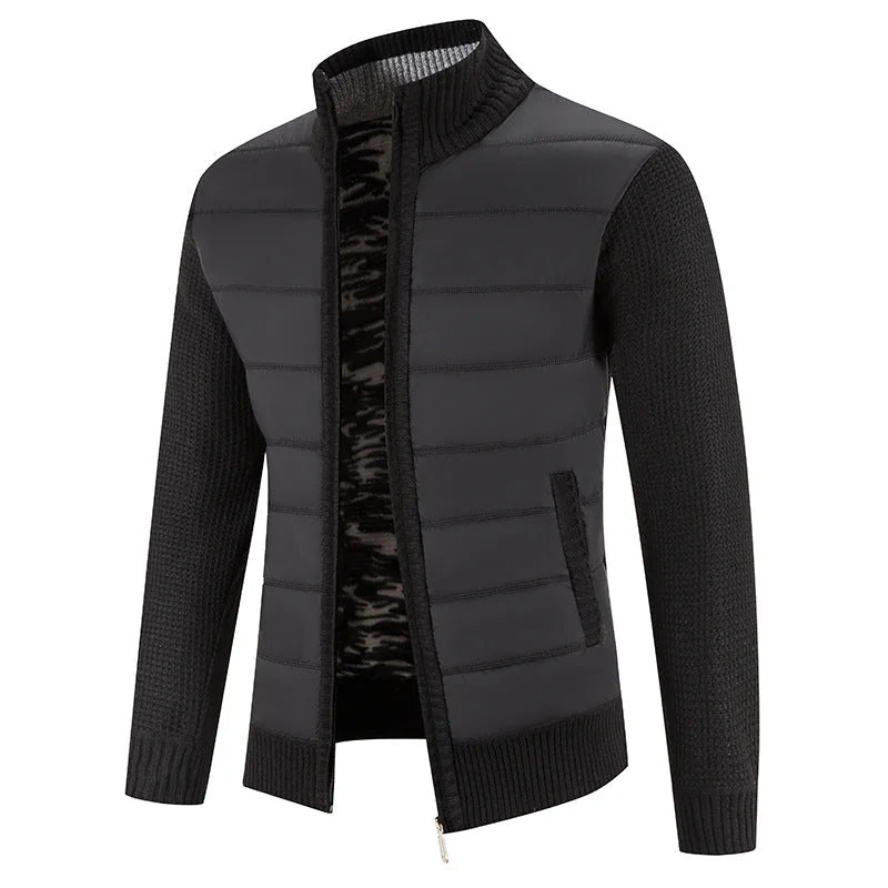 Men's Padded Jacket with Zip-Front Closure & Ribbed Knit Sleeves - Black Front Full