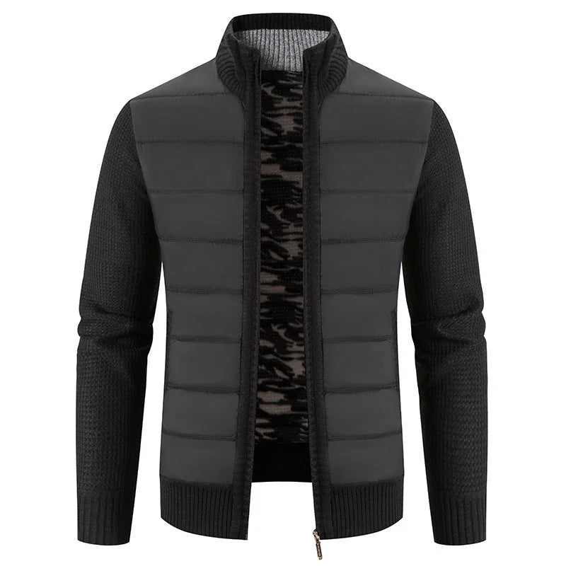 Black Men's Padded Jacket with Zip-Front Closure & Ribbed Knit Sleeves - Hem Detail