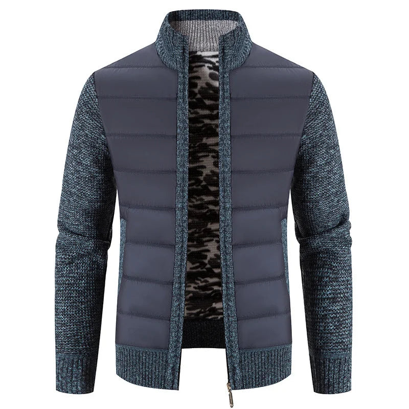 Blue Gray Men's Padded Jacket with Zip-Front Closure & Ribbed Knit Sleeves - Front Detail