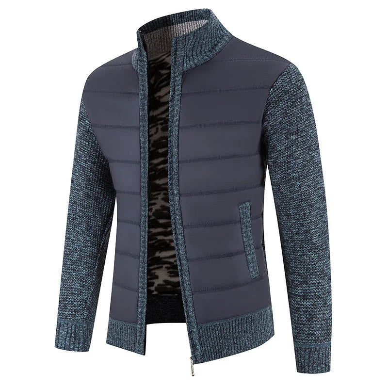 Men's Padded Jacket with Zip-Front Closure & Ribbed Knit Sleeves - Front Open