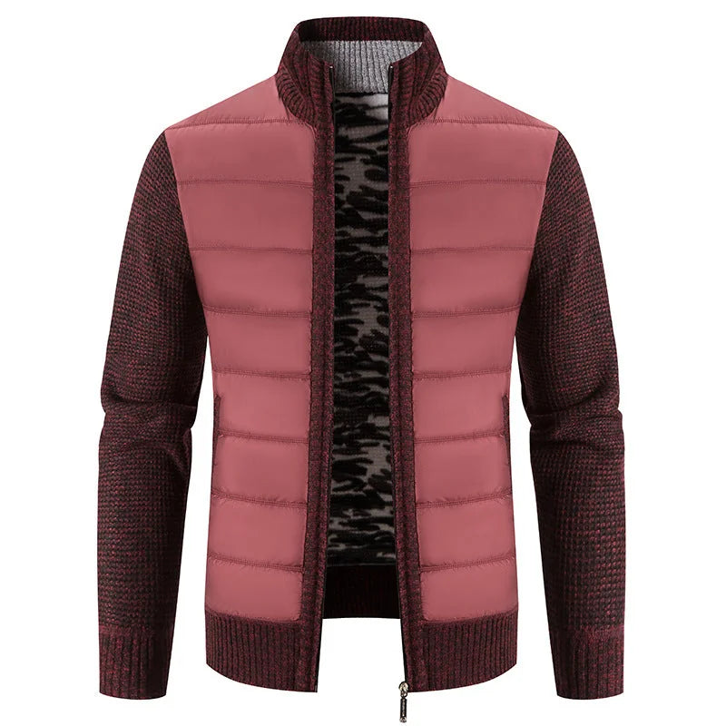 Red Men's Padded Jacket with Zip-Front Closure & Ribbed Knit Sleeves - Wine Front Zoom