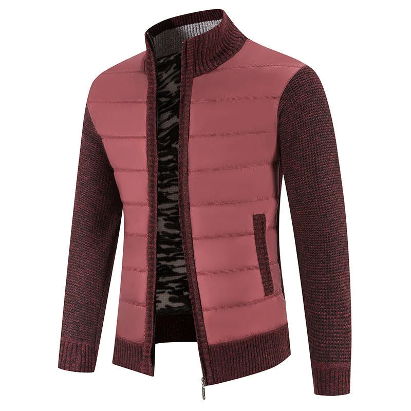 Men's Padded Jacket with Zip-Front Closure & Ribbed Knit Sleeves - Wine Side Pose