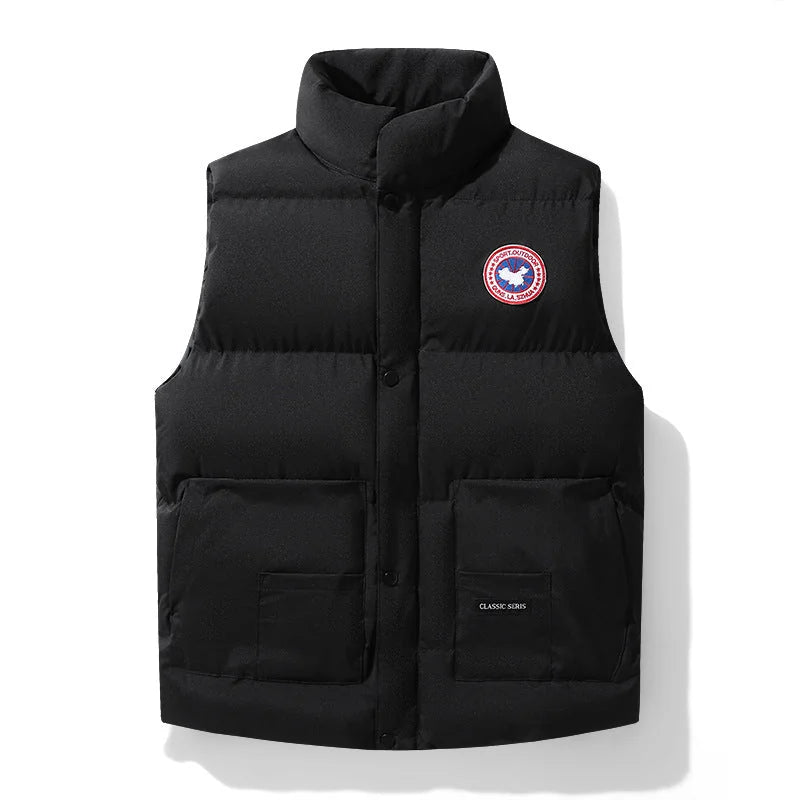 Black Men's Insulated Padded Vest with Stand Collar & Zip Pockets — Elliot - Front Full Studio