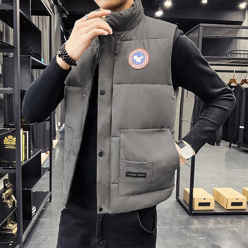 Men's Insulated Padded Vest with Stand Collar & Zip Pockets - Worn Lifestyle
