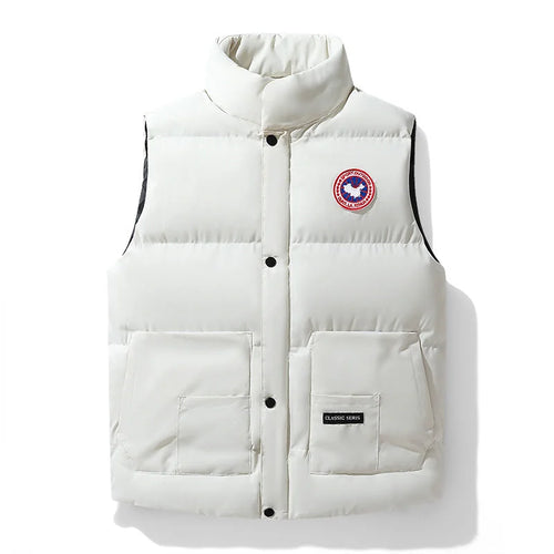 White Men's Insulated Padded Vest with Stand Collar & Zip Pockets — Elliot - Front Full Studio