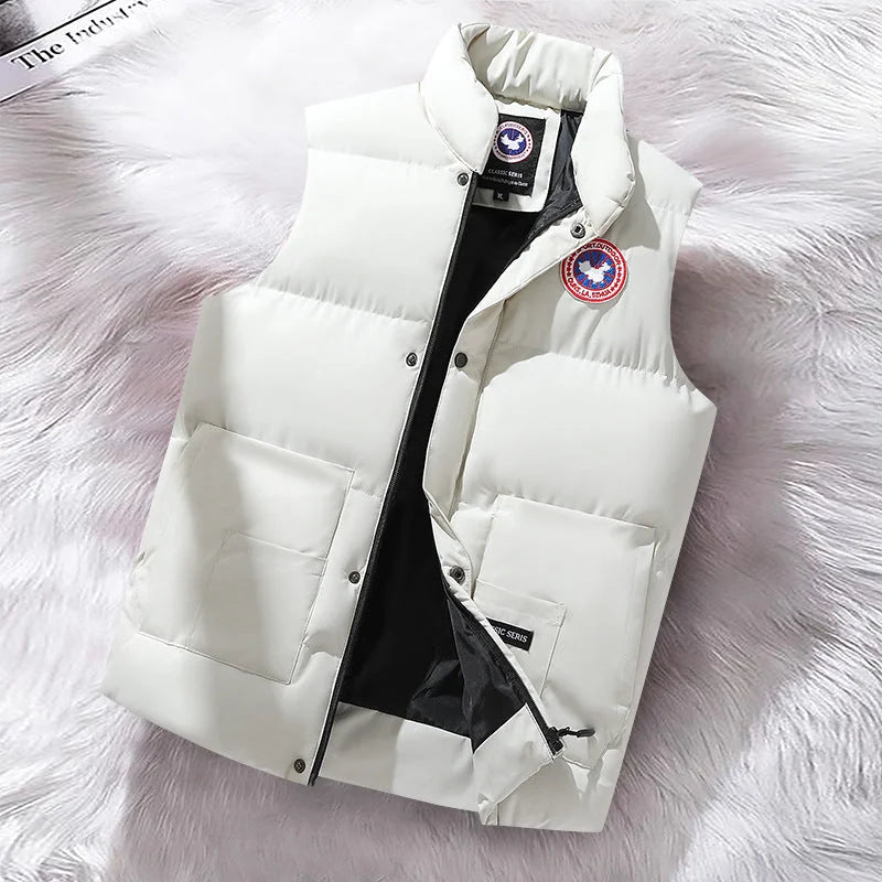 White Men's Insulated Padded Vest with Stand Collar & Zip Pockets