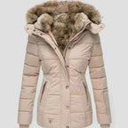 Beige Women's Padded Winter Jacket with Faux Fur Hood & Zip Pockets — Reese