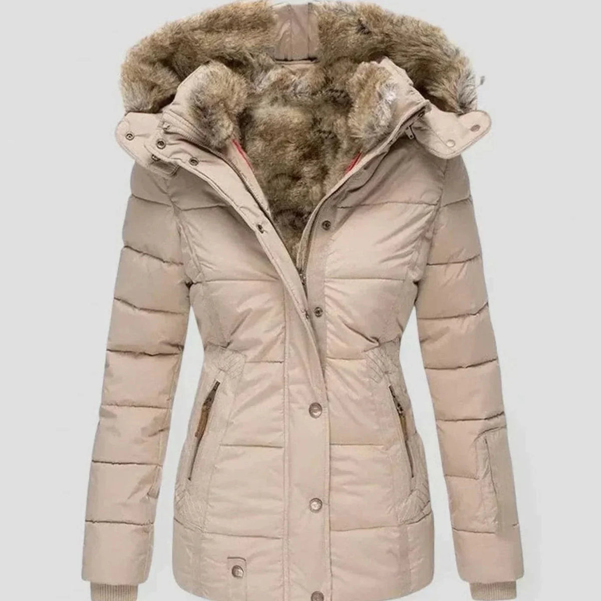 Beige Women's Padded Winter Jacket with Faux Fur Hood & Zip Pockets — Reese