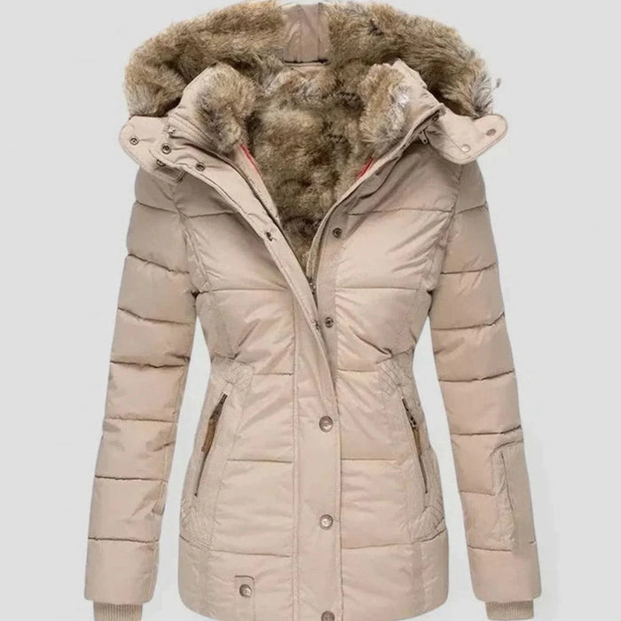 Beige Women's Padded Winter Jacket with Faux Fur Hood & Zip Pockets — Reese