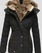 Black Women's Padded Winter Jacket with Faux Fur Hood & Zip Pockets — Reese