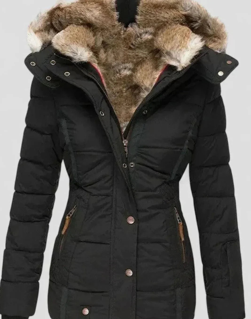 Black Women's Padded Winter Jacket with Faux Fur Hood & Zip Pockets — Reese